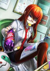  absurdres book chinese_commentary chips_(food) commentary_request couch dr_pepper eating female food glasses highres lab_coat long_hair makise_kurisu necktie pantyhose pantyhose_under_shorts pen photoshop_(medium) potato_chips purple_eyes red_hair red_necktie shorts sitting solo steins;gate todee whiteboard 