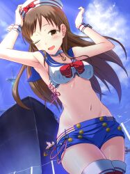  armpits bad_id bad_pixiv_id blue_shorts blush boat breasts brown_eyes brown_hair choker cleavage commentary_request dixie_cup_hat emanon123 female hat highres idolmaster idolmaster_cinderella_girls long_hair looking_at_viewer medium_breasts midriff military_hat navel nitta_minami one_eye_closed open_mouth sailor_collar shiny_skin short_shorts shorts solo stomach thighhighs watercraft wrist_cuffs 