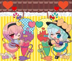  2girls ;o aqua_eyes bad_id bad_pixiv_id blush bow candy chibi closed_eyes commentary_request food green_hair hairband hat hat_bow heart ice_cream komeiji_koishi komeiji_satori long_sleeves looking_at_viewer marshmallow mashiro_miru multiple_girls one_eye_closed photoshop_(medium) pink_hair polka_dot red_eyes short_hair siblings sisters standing striped striped_background third_eye touhou unmoving_pattern wide_sleeves 