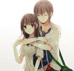  1boy bad_id bad_pixiv_id bag brown_eyes brown_hair closed_eyes couple female flat_chest flower hair_flower hair_ornament hug hug_from_behind long_hair messenger_bag necktie original school_bag school_uniform short_hair shoulder_bag simple_background straight tears xxxxxymdy 