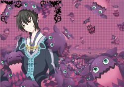  1boy argyle_background bad_id bad_pixiv_id black_hair brown_eyes coat doll frown jude_mathis male_focus photoshop_(medium) purple_background purple_theme tales_of_(series) tales_of_xillia teepo_(tales) too_many znc 