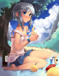  ahoge alcohol bare_shoulders barefoot blue_eyes bottle feet female food fruit grey_hair hair_ribbon izayoi_sakuya mouth_hold outdoors pocky ribbon see-through shin_(new) sidelocks sitting skirt solo strap_slip summer touhou tree wariza wine wristband 