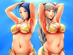  2girls ahoge areolae armpits arms_up bikini blue_hair blush breasts cleavage erect_nipples grey_hair highres idolmaster kenbou large_breasts long_hair miura_azusa multiple_girls navel open_mouth parted_lips red_eyes shijou_takane short_hair side-tie_bikini sky swimsuit 