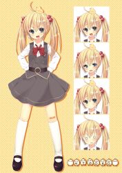  :&lt; :d absurdres ahoge animal animal_on_head arms_behind_back bad_id bad_pixiv_id bandaid bandaid_on_knee bandaid_on_leg bird blonde_hair blue_eyes blush bow character_name chick dancho_(dancyo) diagonal_stripes female hair_bobbles hair_ornament hairclip highres hiyoko_(skull.03) kneehighs o_o on_head open_mouth original school_uniform smile socks solo striped striped_background twintails v-shaped_eyebrows white_socks 