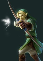  1boy absurdres arrow_(projectile) blonde_hair blue_eyes boots bow_(weapon) commentary english_commentary fairy fingerless_gloves gloves hat highres link photoshop_(medium) pointy_ears realistic renyu1012 the_legend_of_zelda the_legend_of_zelda:_ocarina_of_time weapon 