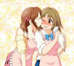  2girls 7001 apron bare_shoulders blonde_hair blush bow breasts brown_hair collarbone commentary_request hair_ornament idolmaster idolmaster_cinderella_girls large_breasts licking mimura_kanako multiple_girls pastry_bag sleeves_rolled_up sweatdrop tongue tongue_out totoki_airi wavy_mouth wince yuri 