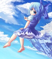  :3 adworse bare_legs barefoot blue_eyes blue_hair bow cirno cloud commentary_request day feet female food hairbow ice icicle looking_back panties pantyshot popsicle short_hair sitting sky soles solo toes touhou underwear white_panties 