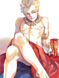  1boy alcohol armlet bad_id bad_pixiv_id blonde_hair bracelet chalice crossed_legs cup earrings fate/zero fate_(series) gilgamesh_(fate) jewelry kurozukuri male_focus red_eyes short_hair sitting solo spill tegaki toga topless_male wine 