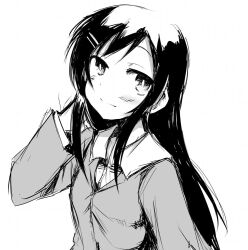  aragaki_ayase blush chata_maru_(irori_sabou) commentary_request female flat_chest greyscale long_hair monochrome ore_no_imouto_ga_konna_ni_kawaii_wake_ga_nai simple_background smile solo very_long_hair white_background 