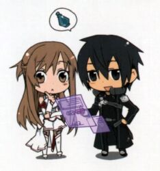  1boy :&lt; armor asuna_(sao) breastplate bunbun chibi dress female floating_screen holographic_interface holographic_monitor kirito knights_of_blood_uniform_(sao) lambent_light long_hair lossy-lossless lowres official_art potion rapier sheath sheathed sword sword_art_online thighhighs very_long_hair weapon white_armor white_dress white_thighhighs 