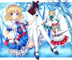  alice_margatroid alternate_costume blonde_hair blue_eyes book closed_eyes commentary_request dress female flower fred0092 hairband hourai_doll shanghai_doll short_hair smile solo thighhighs touhou white_thighhighs wrist_cuffs 