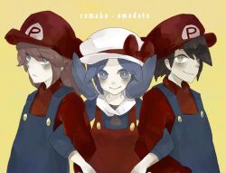  2boys alternate_color alternate_costume ashiato_hino bad_id bad_pixiv_id black_hair blue_eyes blue_hair blush colored_skin company_connection cosplay crossover english_text ethan_(pokemon) female grey_eyes hat holding kris_(pokemon) mario mario_(cosplay) mario_(series) multiple_boys nintendo photoshop_(medium) pokemon pokemon_gsc pokemon_hgss red_hair silver_(pokemon) single_letter smile twintails white_skin yellow_background yellow_eyes 