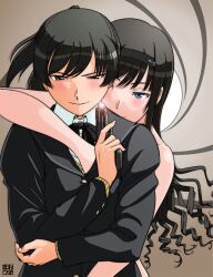  2girls amagami black_hair blue_eyes blush crossed_arms grabbing grabbing_another&#039;s_breast gun gun_barrel_sequence hand_under_clothes handgun james_bond_(series) kibito_high_school_uniform long_hair morishima_haruka multiple_girls osomatu-sama parody school_uniform trigger_discipline tsukahara_hibiki walther walther_ppk weapon yuri 