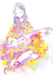  bracelet closed_eyes colorful commentary_request faux_traditional_media female hair_ornament instrument jewelry long_hair lute_(instrument) original pomodorosa sitting solo yokozuwari 