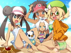  1boy 3girls :&lt; :t aged_down ass bad_id bad_pixiv_id barefoot beach bianca_(pokemon) bikini blonde_hair blue_eyes blue_sky blush brown_hair casual_one-piece_swimsuit cloud colored_eyelashes day double_bun glasses green_bikini green_eyes hair_bun hat kotomuke_fuurin multiple_girls nate_(pokemon) ocean one-piece_swimsuit open_mouth oshawott outdoors pokemon pokemon_(creature) pokemon_bw2 red-framed_eyewear rosa_(pokemon) roxie_(pokemon) semi-rimless_eyewear sitting sky soles staryu striped_bikini striped_clothes swimsuit tan topknot twintails visor_cap white_hair 