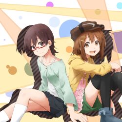  2girls :d black_thighhighs brown_hair commentary_request diagonal_stripes glasses hat hirasawa_yui k-on! kagiana looking_at_viewer manabe_nodoka multiple_girls open_mouth round_teeth short_hair sitting skirt smile socks striped teeth thighhighs 