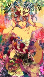  1boy aqua_hair bad_id bad_pixiv_id bare_shoulders bell bodypaint bracelet bug dragonfly flower fox_mask fox_tail highres inazuma_eleven_(series) inazuma_eleven_go jewelry jingle_bell kariya_masaki looking_at_viewer male_focus mask nipples pinwheel seigaiha shiro_(reptil) solo tail unmoving_pattern 