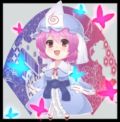  breasts bug butterfly chibi commentary_request female goshoguruma hand_fan hat hexagon japanese_clothes medium_breasts mikan_(chipstar182) open_mouth pink_eyes pink_hair ribbon saigyouji_yuyuko saigyouji_yuyuko&#039;s_fan_design shippou_(pattern) short_hair smile solo touhou triangular_headpiece 