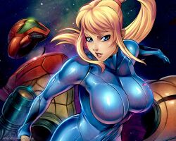  blonde_hair blue_eyes bodysuit breasts cleavage huge_breasts impossible_suit metroid naughty_look oppai reiq reiq samus_aran space sultry zero_suit 