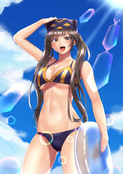  absurdres alternate_costume bare_shoulders beach bikini breasts cat_mask cleavage cloud collarbone commentary_request cowboy_shot day duel_monster female hand_on_headwear highres holding holding_swim_ring i:p_masquerena innertube large_breasts lens_flare light_rays long_hair looking_at_viewer mask midriff multicolored_bikini multicolored_clothes muto_dt navel open_mouth purple_bikini purple_eyes sidelocks sky solo sunbeam sunlight sweat swim_ring swimsuit teeth upper_teeth_only yu-gi-oh! 