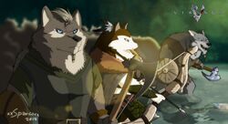  2019 accessory anthro armello armor arrow_(weapon) axe barefoot belt bow_(weapon) bracers braided_fur braided_hair brown_body brown_fur canid canine canis cloak clothed clothing dagger digital_media_(artwork) fang_(armello) feather_in_hair feathers feet female fur grey_body grey_fur grey_hair group hair hair_accessory holding_axe holding_bow_(weapon) holding_object holding_ranged_weapon holding_weapon league_of_geeks long_hair looking_aside male mammal medieval_shield melee_weapon multicolored_body multicolored_fur norse open_mouth ranged_weapon river_(armello) round_shield sheathed_weapon shield short_sleeves sleeveless teeth two_tone_body two_tone_fur viking warrior weapon white_body white_fur wolf wristband xxsparcoxx 