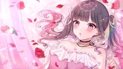  :o black_choker black_hair choker collarbone commentary_request female flower gradient_hair highres himemiya_rie looking_down medium_hair mole mole_under_eye multicolored_hair open_mouth phase_connect pink_eyes pink_hair portrait red_flower red_rose rose shain solo twintails virtual_youtuber 