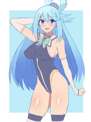  adapted_costume aqua_(konosuba) arm_up arm_warmers armpit_crease blue_background blue_bow blue_bowtie blue_eyes blue_hair blue_leotard blush bow bowtie breasts commentary covered_nipples cowboy_shot female hair_between_eyes hair_bobbles hair_ornament hair_rings highleg highleg_leotard highres kagemusha kono_subarashii_sekai_ni_shukufuku_wo! leotard light_blue_hair long_hair looking_at_viewer medium_breasts open_mouth shiny_skin simple_background skindentation smile solo straight_hair thighhighs thighs 