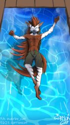  9:16 anthro bottomwear brown_hyena carrioncat clothing falling free_falling hair hi_res hyena mammal multicolored_hair piercing solo stripes swimming_pool 