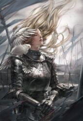  animal animal_on_shoulder armor battlefield belt bird bird_on_shoulder blonde_hair blood breastplate chainmail closed_eyes commentary_request couter cowboy_shot cuirass dove eyelashes facing_up faulds female flag floating_hair gauntlets gorget hair_floating_upwards hands_on_hilt highres knight layered_armor lips long_hair nose original own_hands_together parted_lips pauldrons planted planted_spear plate_armor polearm puddle realistic red_lips rerebrace rondel shoulder_armor signature solo spear srasa sword torn_flag weapon wind 