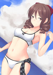  bikini blue_sky bow breasts brown_hair checkered_necktie cleavage cloud commentary_request day drill_hair dutch_angle female hairbow harukaze_(kancolle) highres kantai_collection looking_at_viewer medium_breasts navel necktie official_alternate_costume outdoors red_bow red_eyes sky smile solo standing swimsuit taira_yuuki tenryuu_(kancolle) tenryuu_(swimsuit_mode)_(kancolle) twin_drills white_bikini 