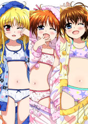  3girls absurdres ahoge blonde_hair blue_eyes blush bra brown_hair highres lyrical_nanoha mahou_shoujo_lyrical_nanoha miyajima_hitoshi multiple_girls navel one_eye_closed open_mouth panties red_eyes star_(symbol) underwear 