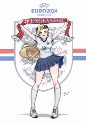  :d arms_up artist_name blonde_hair blue_skirt breasts commentary england english_commentary english_flag english_text euro_2024 eyewear_on_head female full_body green_eyes highres holding holding_clothes holding_scarf kneehighs large_breasts long_hair looking_at_object looking_up mg_g miniskirt original pleated_skirt red_scarf scarf shirt shoes short_sleeves skirt smile sneakers socks solo sunglasses teeth upper_teeth_only white_background white_footwear white_shirt white_socks 