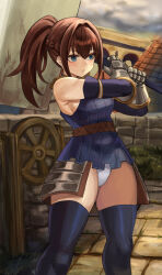  armor bad_id blue_eyes blush breasts brown_hair double-parted_bangs dress edboy faulds feet_out_of_frame female gauntlets hair_between_eyes hammer hands_up highres holding holding_hammer holding_weapon looking_to_the_side medium_breasts medium_hair nina_(unicorn_overlord) outdoors over_shoulder panties pantyshot parted_lips ponytail sleeveless sleeveless_dress solo stone_wall thighhighs underwear unicorn_overlord war_hammer weapon weapon_over_shoulder wheel white_panties 