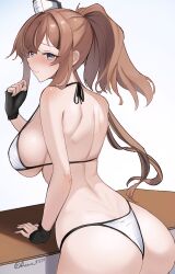  alternate_costume ass bikini black_gloves blue_eyes breasts brown_hair dimos_(dawn_1945) female fingerless_gloves gloves hair_between_eyes high_side_ponytail highres kantai_collection large_breasts long_hair ponytail saratoga_(kancolle) side_ponytail sidelocks smokestack smokestack_hair_ornament solo string_bikini swimsuit white_bikini 