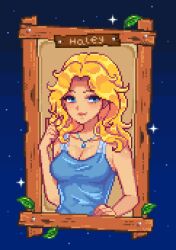  bare_arms bare_shoulders blonde_hair blue_camisole blue_eyes breasts camisole character_name cleavage female haley_(stardew_valley) hand_on_own_hip highres jewelry large_breasts lips long_hair mimpish necklace parted_hair pixel_art smile solo stardew_valley upper_body wooden_frame 