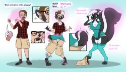  alternate_costume anthro big_breasts black_body black_fur blue_eyes breast_growth breasts brown_hair clothed clothing clothing_swap colored confusion dialogue english_text expansion eyewear facial_hair female fox0808 fur gender_transformation glasses green_eyes growth hair hi_res human long_hair male mammal mephitid mtf_transformation perfume sequence skunk solo species_transformation speech_bubble surprised_expression tail tail_growth text thick_thighs thigh_expansion transformation white_body white_fur white_hair 