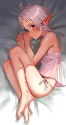  absurdres ahoge bed_sheet blush breasts elf feet female full_body grey_hair highres lying mushoku_tensei nightgown on_bed on_side panties pointy_ears short_hair sideboob solo sylphiette_(mushoku_tensei) underwear white_panties yama_narashi 