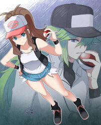  1boy absurdres antenna_hair black_footwear black_vest black_wristband blue_eyes boots breasts brown_hair cleavage closed_mouth commentary_request exposed_pocket eyelashes female hand_on_own_hip hand_up hat highres hilda_(pokemon) holding holding_poke_ball long_hair n_(pokemon) neogul_kim open_clothes open_vest poke_ball poke_ball_(basic) pokemon pokemon_bw shirt shorts sidelocks sleeveless sleeveless_shirt standing vest white_shirt 