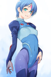  aqua_hair blue_bodysuit blue_hair blue_thighhighs blush bodysuit breasts covered_navel covered_nipples earrings facial_mark female forehead_mark green_eyes highres jewelry kazuma_muramasa long_sleeves looking_at_viewer ryss short_hair simple_background small_breasts smile solo strapless thighhighs zoids 