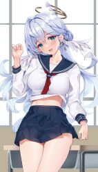  :d alternate_costume blue_hair blue_sailor_collar blue_skirt blush breasts classroom collarbone commentary cowboy_shot desk earrings english_commentary female green_eyes hair_between_eyes halo hand_up head_wings highres honkai:_star_rail honkai_(series) jewel_under_eye jewelry large_breasts leaning leaning_on_table long_hair looking_at_viewer matrix16 midriff necktie open_mouth paid_reward_available red_necktie robin_(honkai:_star_rail) sailor_collar school_desk school_uniform shirt sidelocks skirt smile solo standing teeth upper_teeth_only very_long_hair white_shirt wings 