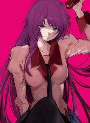  arm_behind_back arm_up bakemonogatari black_necktie black_thighhighs blue_eyes blue_skirt breasts closed_mouth collarbone collared_shirt commentary cowboy_shot eyelashes female highres holding holding_stapler impossible_clothes impossible_shirt juliet_sleeves long_hair long_sleeves looking_at_viewer medium_breasts moku_(muooku) monogatari_(series) naoetsu_high_school_uniform necktie pink_background pleated_skirt puffy_sleeves purple_hair school_uniform senjougahara_hitagi shirt simple_background skirt solo thighhighs very_long_hair 