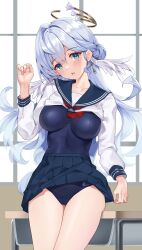  alternate_costume blue_hair blue_sailor_collar blue_skirt blush breasts classroom collarbone commentary cowboy_shot desk earrings english_commentary female green_eyes hair_between_eyes halo hand_up head_wings highres honkai:_star_rail honkai_(series) jewel_under_eye jewelry large_breasts leaning leaning_on_table long_hair looking_at_viewer matrix16 necktie open_mouth paid_reward_available red_necktie robin_(honkai:_star_rail) sailor_collar school_desk school_swimsuit school_uniform shirt sidelocks skirt smile solo standing swimsuit teeth upper_teeth_only very_long_hair white_shirt wings 