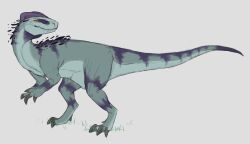  2018 ambiguous_gender claws digital_drawing_(artwork) digital_media_(artwork) digitigrade dilophosaurid dilophosaurus dinosaur feral flat_colors full-length_portrait grass grey_background grey_body grey_claws grey_scales jaspering markings orange_eyes plant portrait prehistoric_species pubic_boot purple_markings purple_stripes reptile scales scalie sharp_teeth simple_background smile solo standing striped_markings stripes tail teeth theropod 