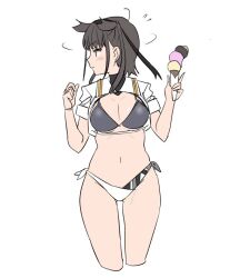  bikini black_hair commentary_request cropped_jacket female food fusion hair_flaps hatsuzuki_kai_ni_(kancolle) ice_cream kantai_collection looking_to_the_side mismatched_bikini shirt short_sleeves shrug_(clothing) simple_background solo swimsuit tamu_(mad_works) white_background white_shirt 