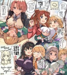  5girls annoyed breasts character_request fujita_kotone gakuen_idolmaster grabbing grabbing_another&#039;s_breast hanami_ume highres idolmaster large_breasts looking_at_breasts multiple_girls speech_bubble surprised usugiri_bacon 