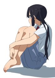  absurdres barefoot black_hair female fetal_position from_side full_body highres k-on! kicchi_(tmgk) knees_up long_hair nakano_azusa no_jacket sakuragaoka_high_school_uniform school_uniform short_sleeves sitting skirt solo summer_uniform twintails white_background 