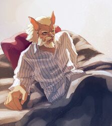  anthro bed bedding blanket brown_body brown_fur canid canine caninu canis clothing colonel_pretzel cyberconnect2 domestic_dog facial_hair fuga:_melodies_of_steel fur furniture fusenryo hair hi_res little_tail_bronx male mammal mature_male pajamas solo white_hair 