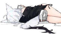  ahoge animal_ears black_shirt electric_fan fanning_crotch female fox_ears fox_girl fox_tail highres hip_vent hololive hot long_hair lying multicolored_tail official_alternate_costume on_side pentagram shirakami_fubuki shirakami_fubuki_(loungewear) shirt side-tie_shirt solo suzu_coconatu tail two-tone_tail virtual_youtuber white_hair 