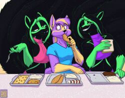  anthro black_nose breasts canid canine clothed clothing cutlery dreamspinner eating female food fork fox foxenawolf fur group kaari kitchen_utensils lillian_(datban) mammal multi_tail purple_body purple_fur sandwich_(food) smile tail tools trio vivian_(datban) 