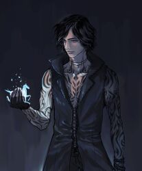  1boy black_background black_coat black_gloves black_hair blue_eyes casting_spell coat collarbone commentary_request devil_may_cry_(series) devil_may_cry_5 fingerless_gloves full-body_tattoo gloves jewelry male_focus necklace short_hair sleeveless sleeveless_coat solo standing tattoo v_(devil_may_cry) yuko_(kana21235) 